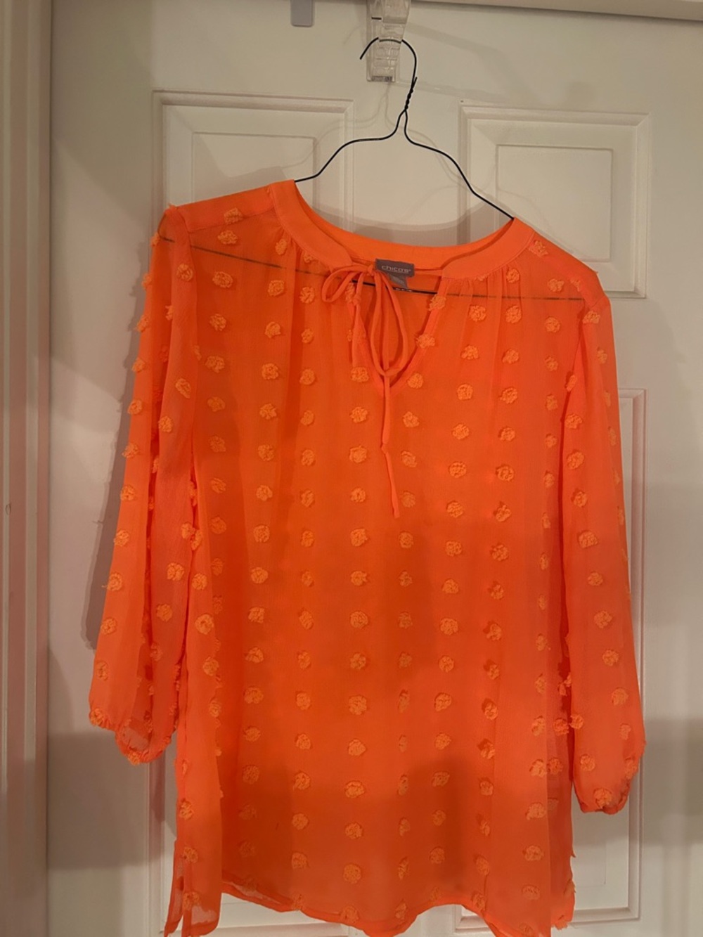 Chico's Bright Orange Tie-Neck Sheer Blouse